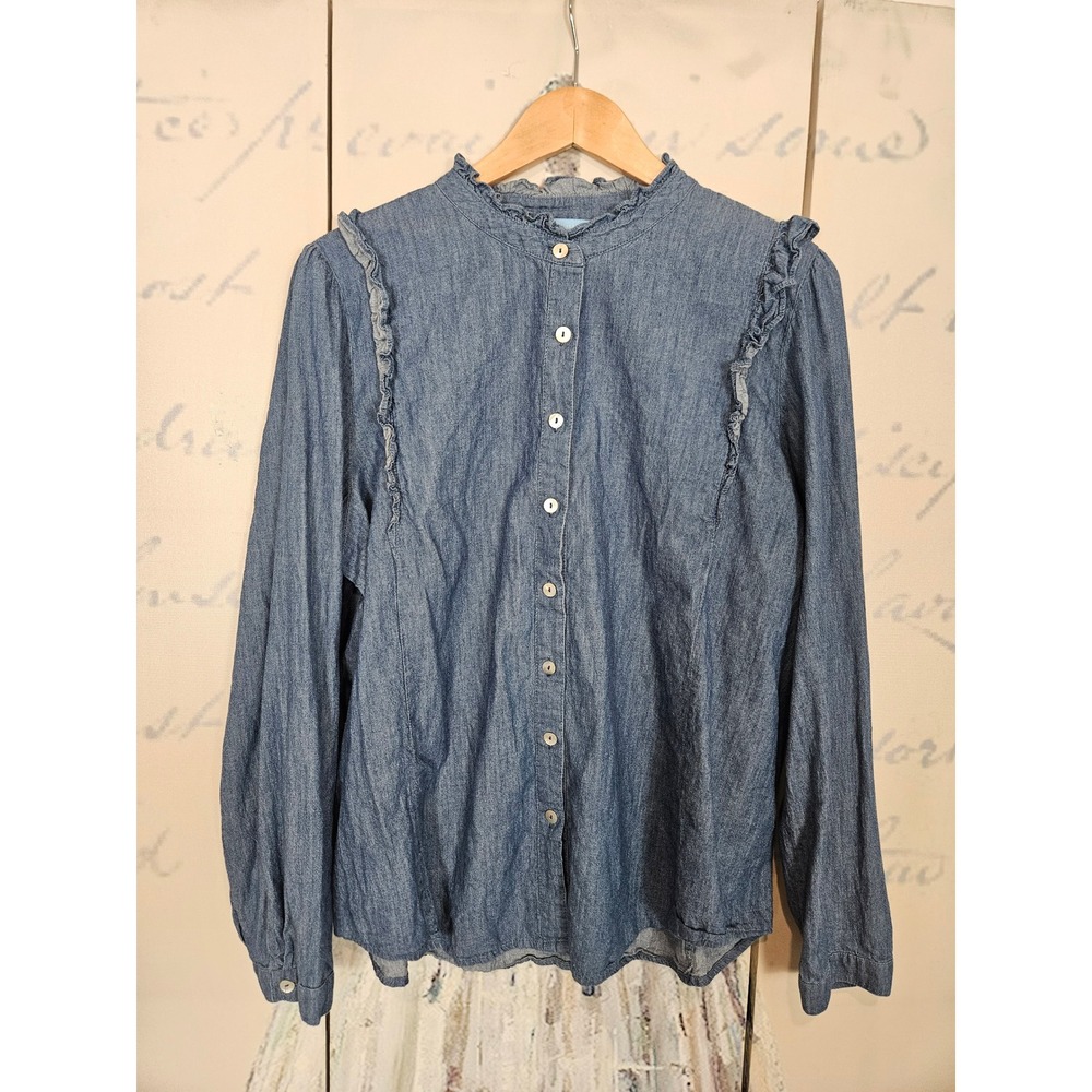Draper James Button Down Shirt XL Blue Ruffle Mock Neck Chambray Denim Preppy